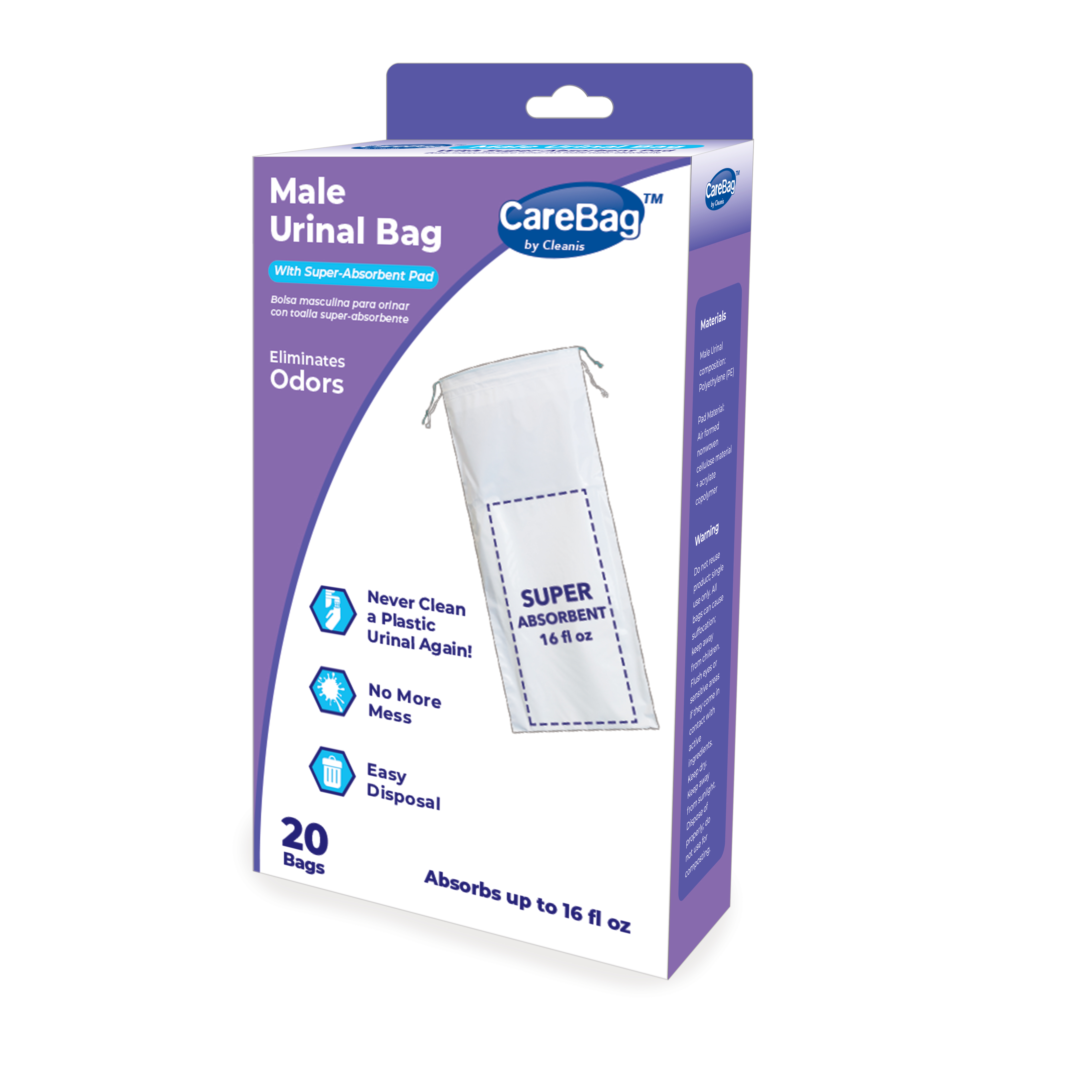 Carebag® Men’s Urinal Bag with Super Absorbent Pad, GreenFriendly