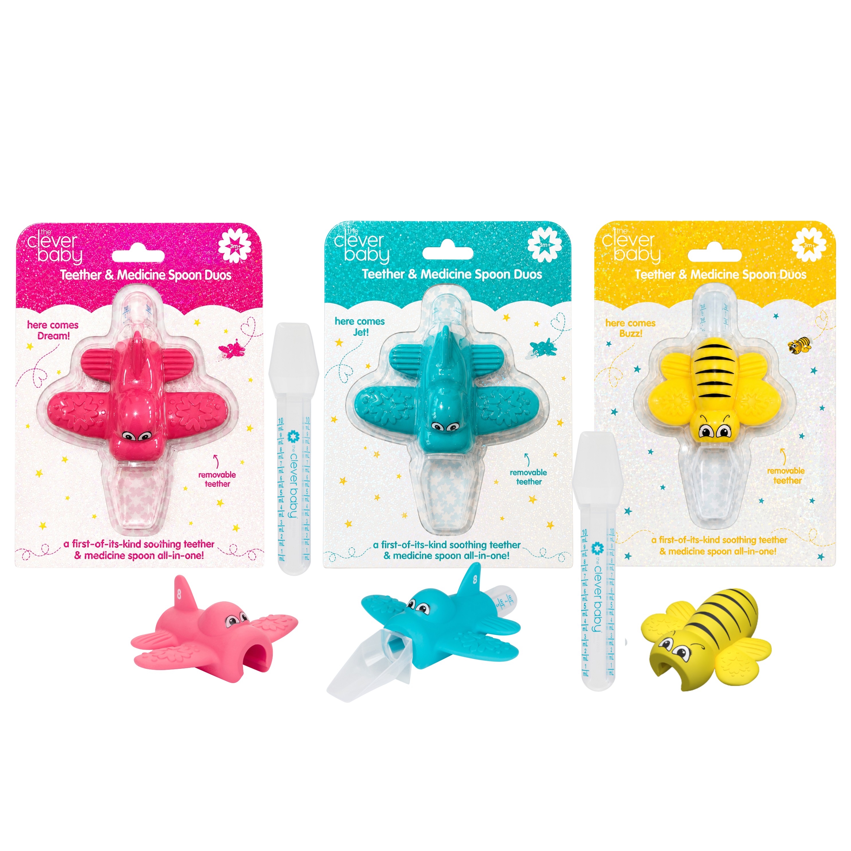 The Clever Baby Teether & Medicine Spoon Duo, Jet, Dream, & Buzz Variety Pack, 10mL CVB850090916008