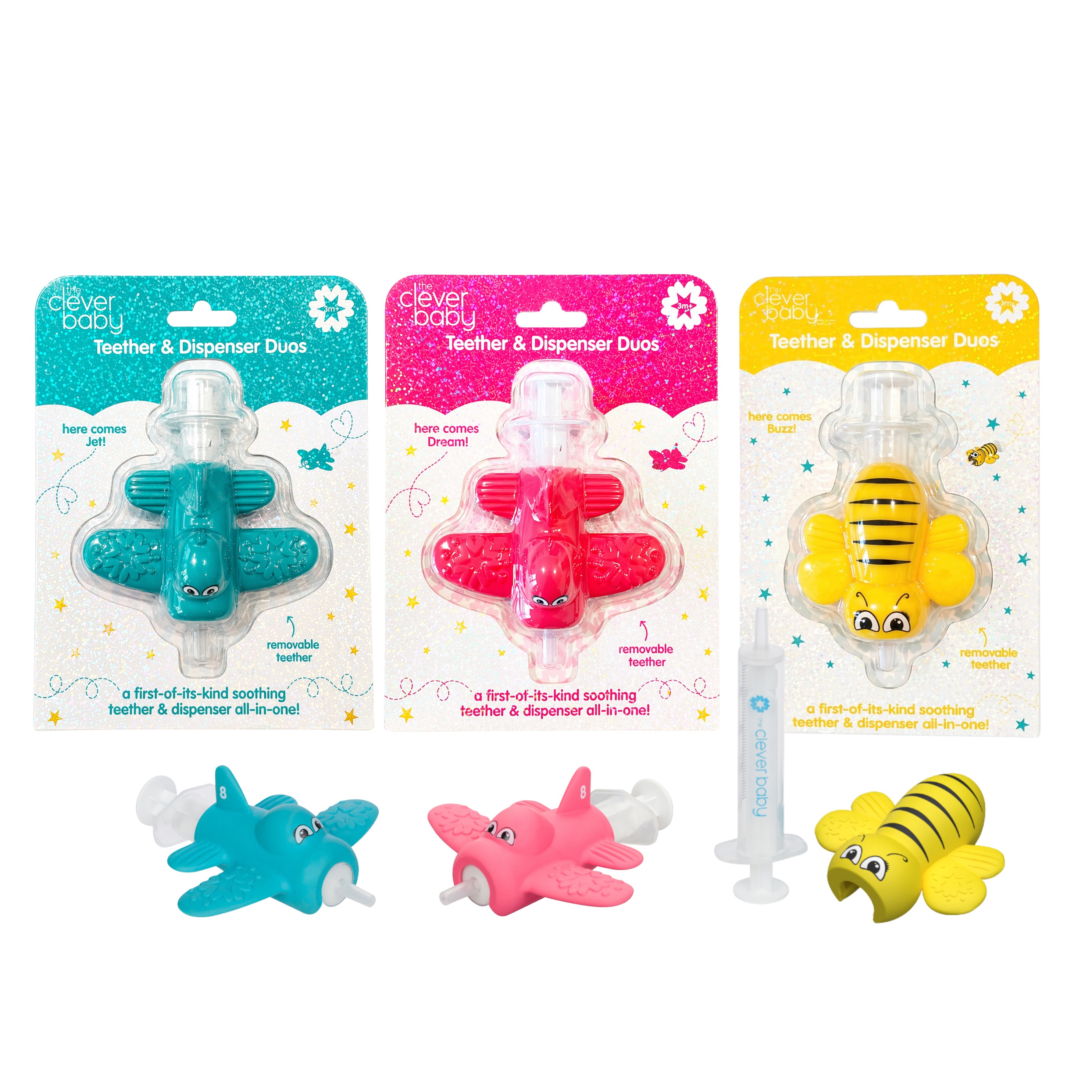 The Clever Baby Teether & Dispenser Duo and Medicine Spoon Duo, Jet, Dream, & Buzz Variety Pack, 10mL CVB850090916022