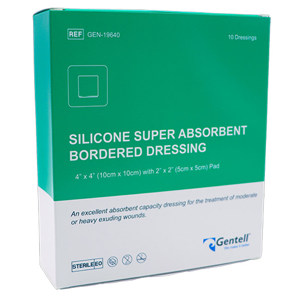 Gentell Silicone Super Absorbent Bordered Dressing, 4" x 4" GTLGEN19640
