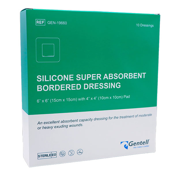 Gentell Silicone Super Absorbent Bordered Dressing, 6" x 6" GTLGEN19660