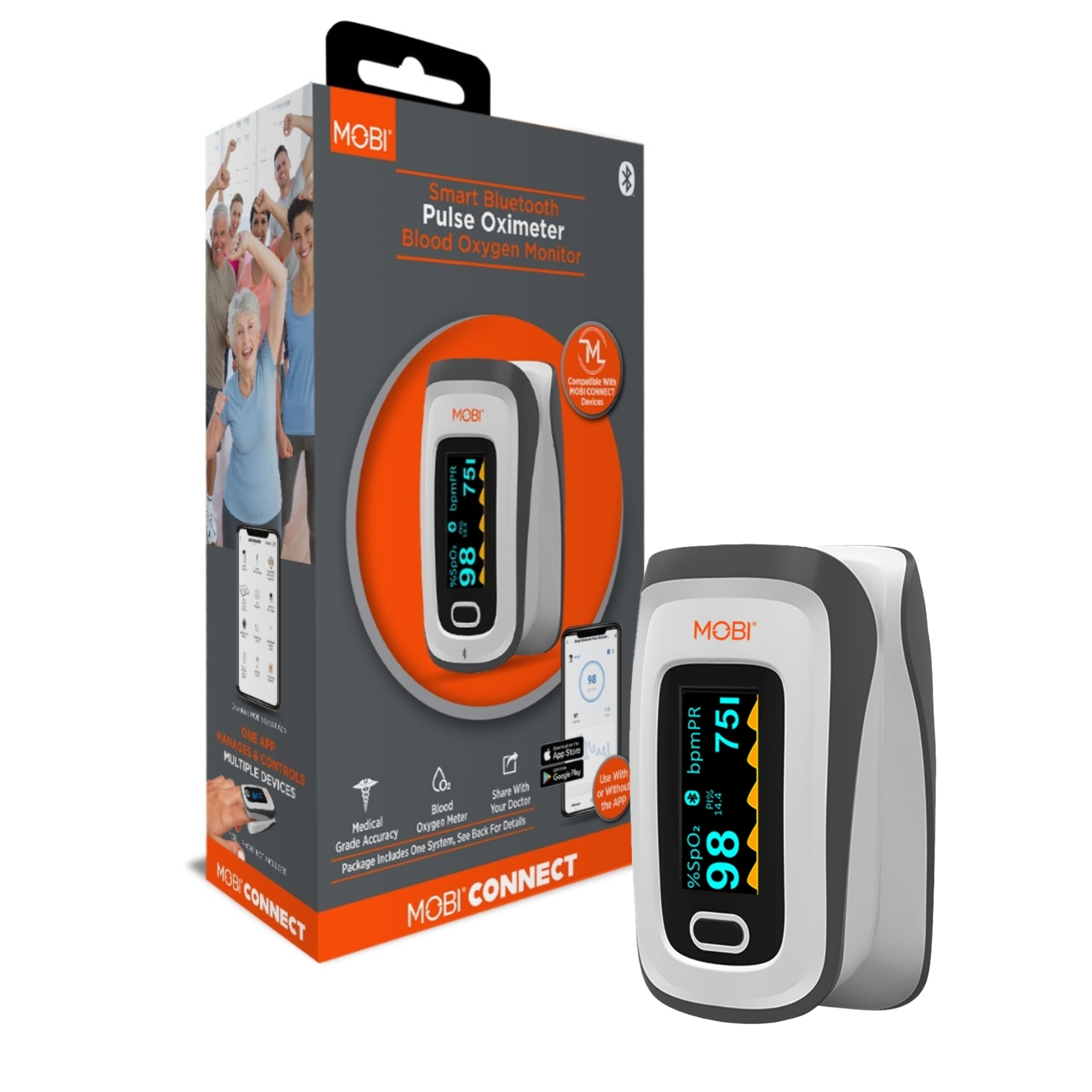 MOBI Technologies, Inc. Smart Bluetooth Pulse Oximeter Blood Oxygen Monitor MBT700030