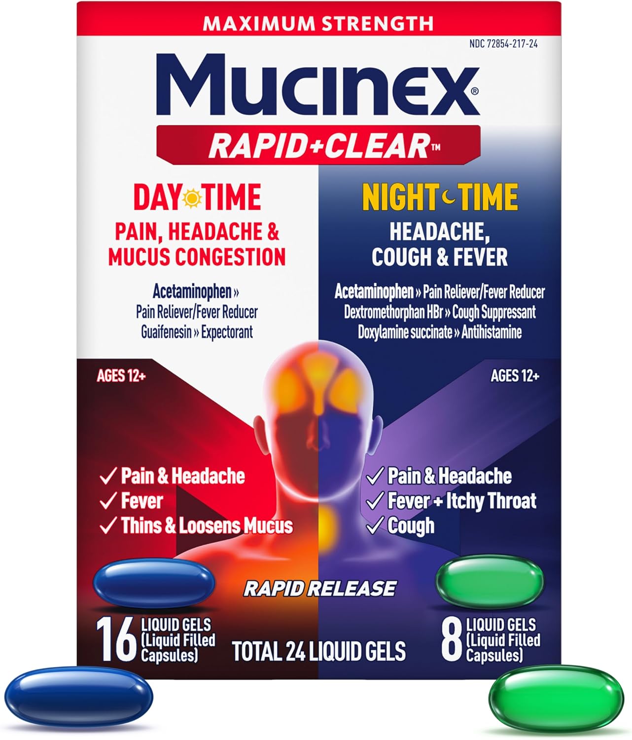 Mucinex Rapid Clear Pain Headache Mucus Congestion Day and Night Liquid Gels, 24ct RBK363824999425