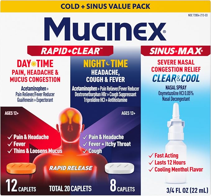 Mucinex Rapid Clear Day and Night Caplet 20 ct. + Clear & Cool Nasal Spray, .75 oz., Combo Pack RBK363824999517
